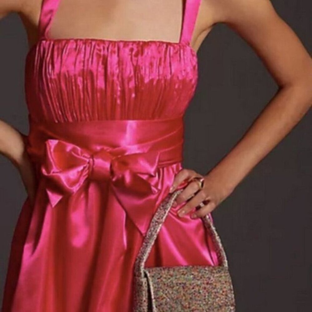 Anthropologie Bow tie Satin Mini Dress Pink size 8